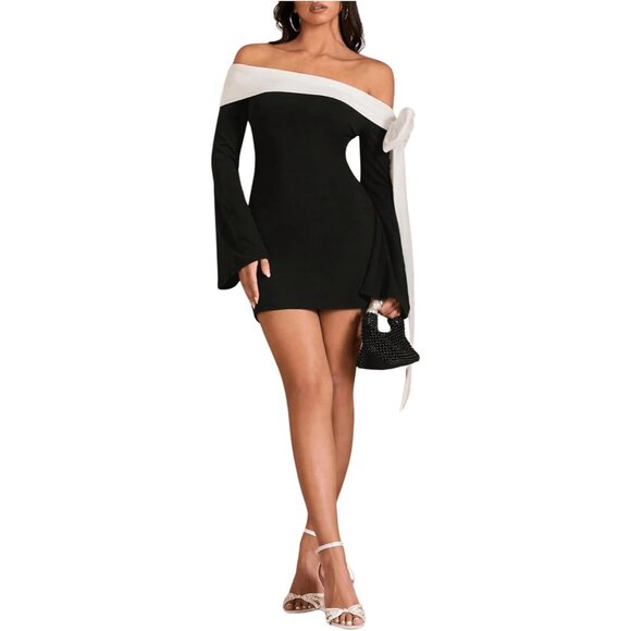 Women's Off Shoulder Mini Dress Polyester Elastane Bell Sleeve Cocktail Party - Picture 1 of 6